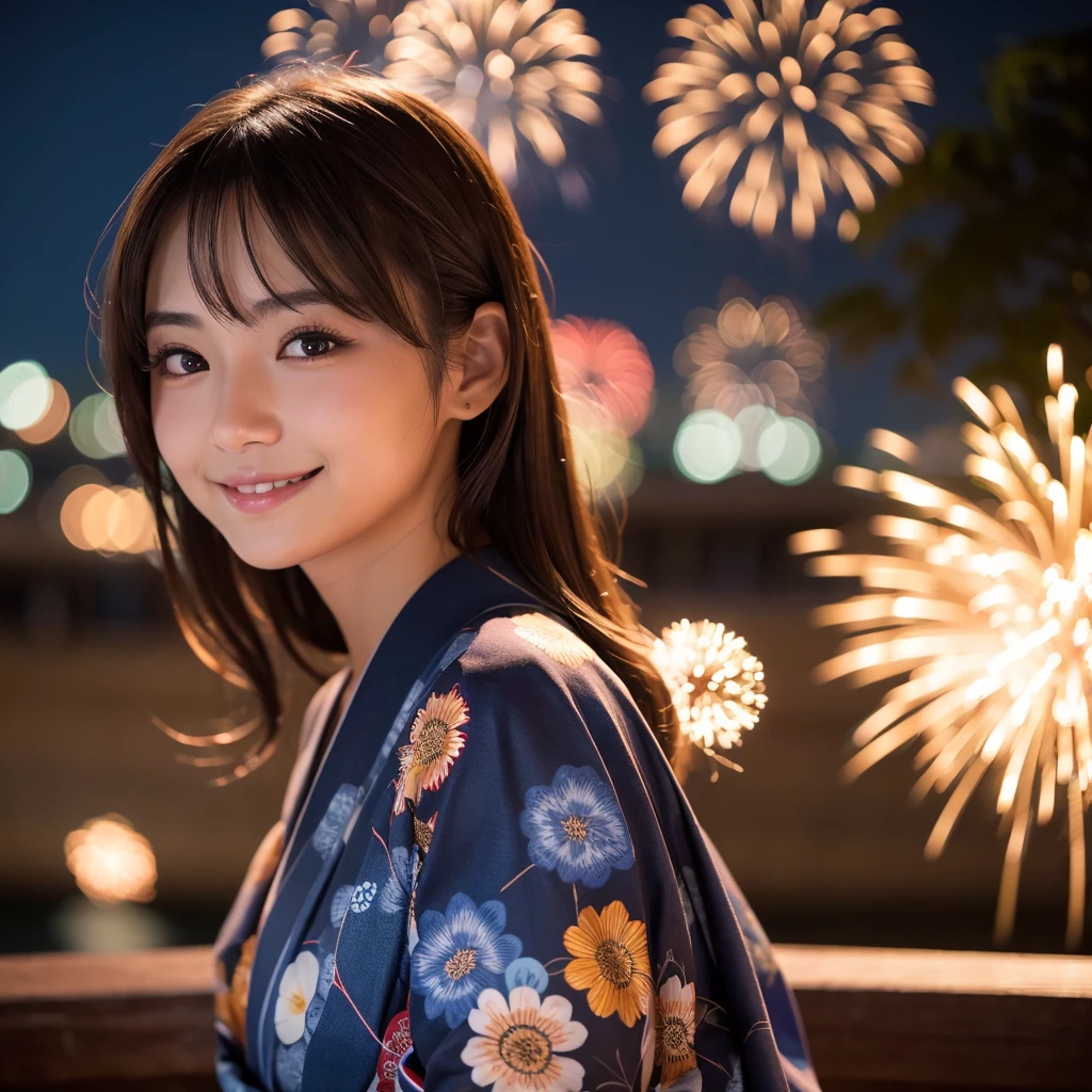 a fireworks display on a summer night,realistic photograph,High definition, high quality, 8K Ultra HD,sharp focus,Portrait of a beautiful Japanese girl .her eyes are brown and large with drooping eyes and long eyelashes,She wears a yukata with a dark blue ,She smiles shyly