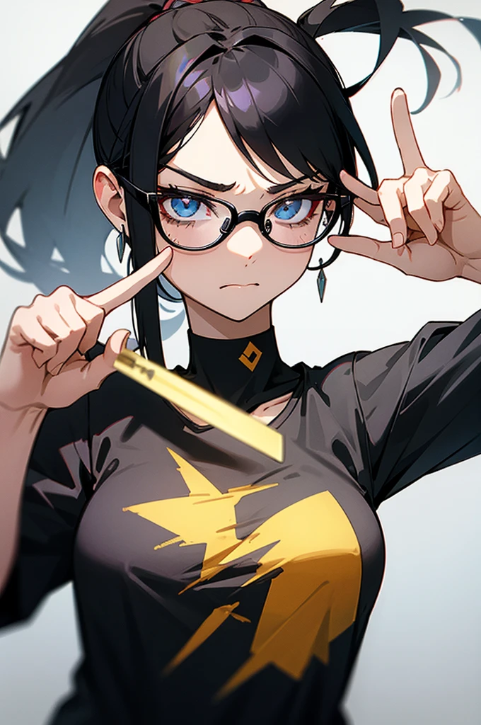 woman、Black-haired、ponytail、A calm face、Wear glasses、Dissatisfied peace sign、Black T-shirt、Black choker around the neck