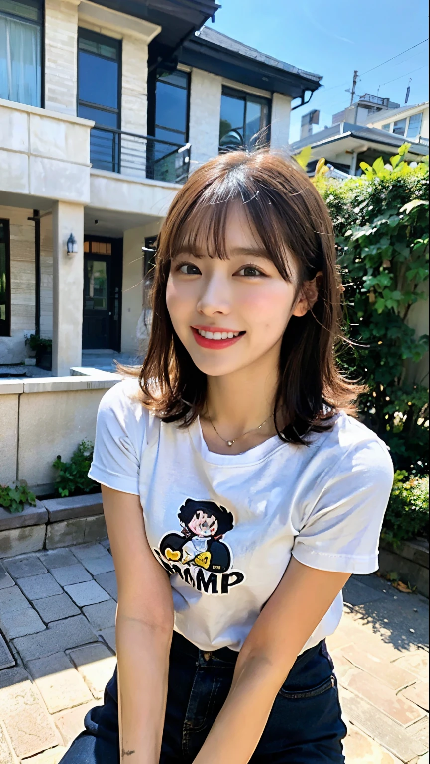 (Highest quality、8K、32k、masterpiece、Hmph:1.2)、Cute Japanese Married Women Photos、Laughter、Beautiful Face、(Leaning forward:1.3)、Squat、(From above:1.2)、(close:1.4)、throw、Loose fitting T-shirt、Big and ample breasts、(Beautiful breasts:0.9)、Outside the house、Wind、Shiny skin、Blurred Background、