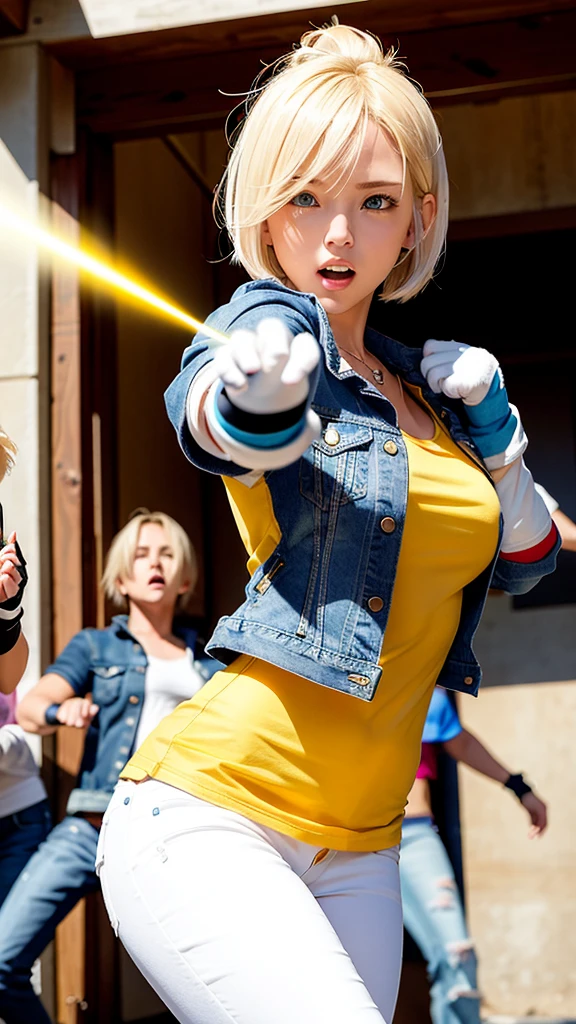 (((1 girl,  cute, denim jacket, white top, jeans, Gloves, blond, short hair, bob hair,  side parted hair, blue eyes))), (((blond hair))), 
dynamic poses, manga style, depicting a group of characters in various action scenes, from intense battles to lighthearted moments, with dramatic speed lines and bold sound effects, capturing the excitement and energy of the story, Laser rays from the palm of hand, Attack forward with palm, yellowstone park, Grand Canyon,