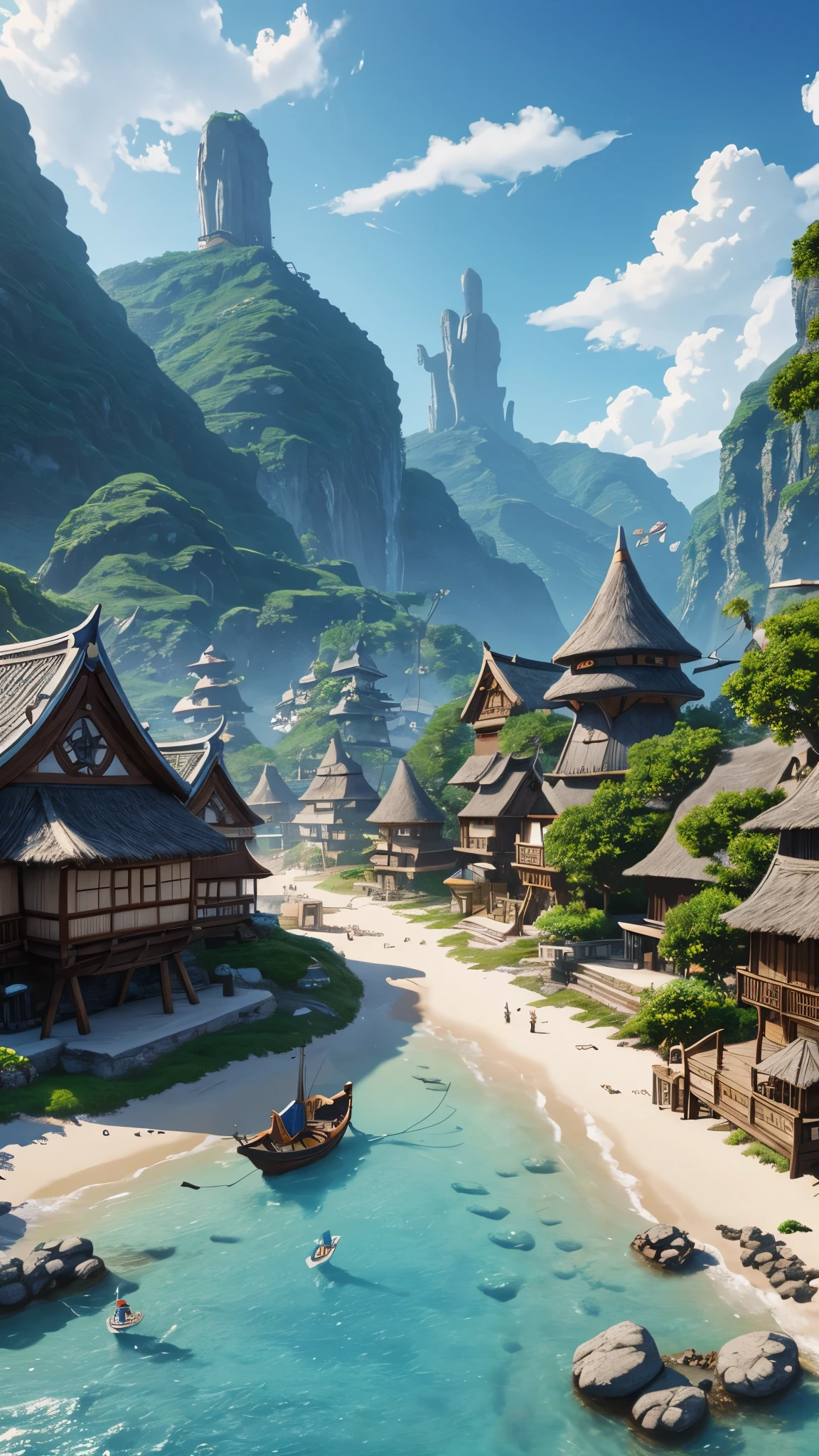 A fantasy inspired painting of a shore village in kawacy style, rendered in cinema4d, bulbous, accurate nautical details, creative character design, whimsical cartoon style, 32k uhd --ar 2:1