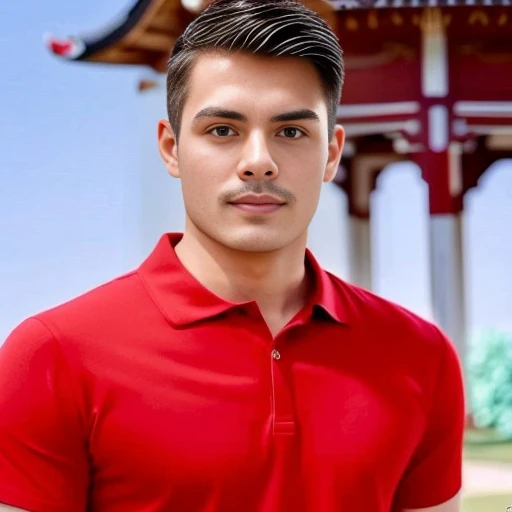 An Araf man stands on the beach with the sunset in the background., portait photo Profile pictureture, Profile picture, Wide facial cleanser, cute young man, headshot Profile pictureture, handsome man, Handsome and charming, Very charming and beautiful, Close-up of a Southeast Asian man with a round face., black eyes, staring at the viewer, morning sun, ((face details)), Double eyelids, realistic, Masterpiece, Highest quality, lens flare, shade, [[Chromatic aberration, digital painting, 8K, 45,000,000,000 pixels,, t-shirt, short hair, black eyes,abdominal muscles, The body is beautiful and strong., Curvy chest, (digital painting, HDR, high contrast
