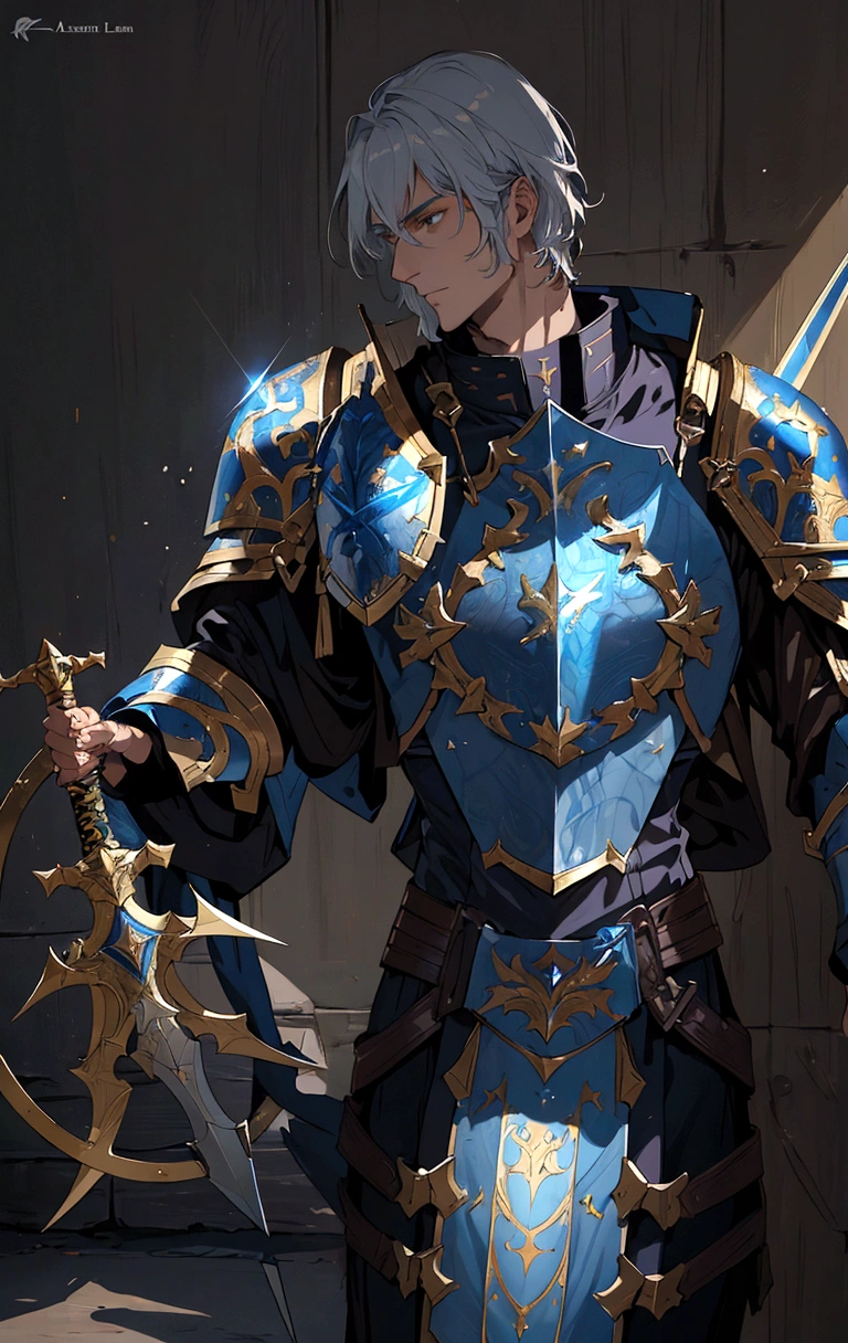 a man in armor holding a sword and a shield, male paladin, a human male paladin, arsen lupin as a paladin, male artificer, picture of a male cleric, fantasy paladin, vigo the carpathian, portrait of a knight, portrait of knight, baldur's gate character portrait, painting of a knight