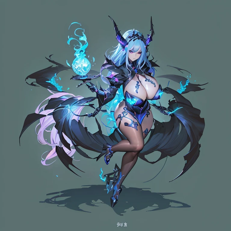 Close up of cartoon character with blue flame, dark witch角色, dark witch fullbody pose, Mechanized devil child, Holy Necromancer Girl, dark witch full view, Dark Demon Dancer, Six-armed Dark Goddess, dark witch, Mysterious art style, Powerful busty witch,(((Full and soft breasts,)))(((Huge breasts))) (((Cleavage))) (Perfect curvy figure),