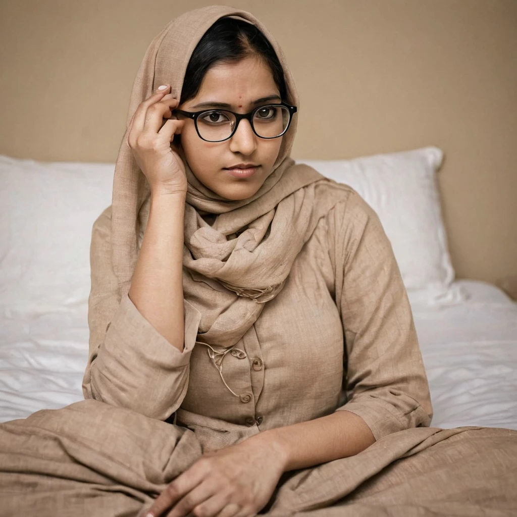 Braided hair nude weak Indian glasses nerd girl sitting on bed hijab