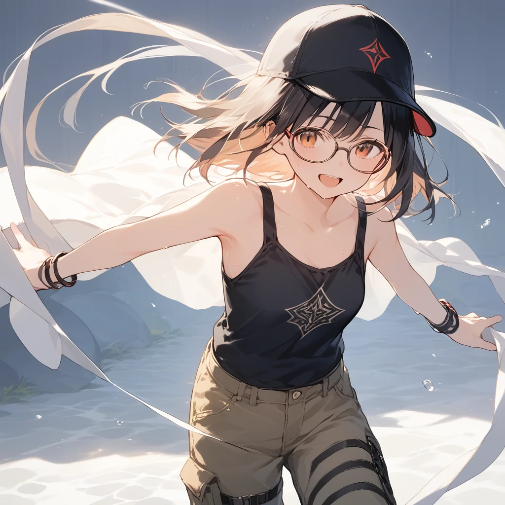 score_9, score_8_up, score_7_up, source_anime, best quality, masterpiece, official art, absurdres, highres, ultra-detailed,waifu2x,Collection: Slice of Life,break,1girl, fantasy world, short hair, glasses, small breasts, cap, tank top, cargo pants, sweat, open mouth,smile, outdoors, wind, break,(clear line illustration:1.2),very high resolution, very aesthetic, super detailed skin, Best sexual lighting powered by famous artist, 8k,cute picture,beauty illustration,photoshop_(medium),,(Detailed Lighting),best anime 8k konachan wallpaper, pixiv contest winner,