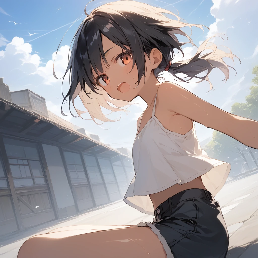 score_9, score_8_up, score_7_up, source_anime, best quality, masterpiece, official art, absurdres, highres, ultra-detailed,waifu2x,Collection: Slice of Life,break,1girl, tomboy, dark-skinned female, short hair, low ponytail, flat chest, beautiful detailed eyes, short shorts, sweat, open mouth, (yawn:0.3), sleepily, outdoors, wind, break,(clear line illustration:1.2),very high resolution, very aesthetic, super detailed skin, Best sexual lighting powered by famous artist, 8k,cute picture,beauty illustration,photoshop_(medium),,(Detailed Lighting),best anime 8k konachan wallpaper, pixiv contest winner, 