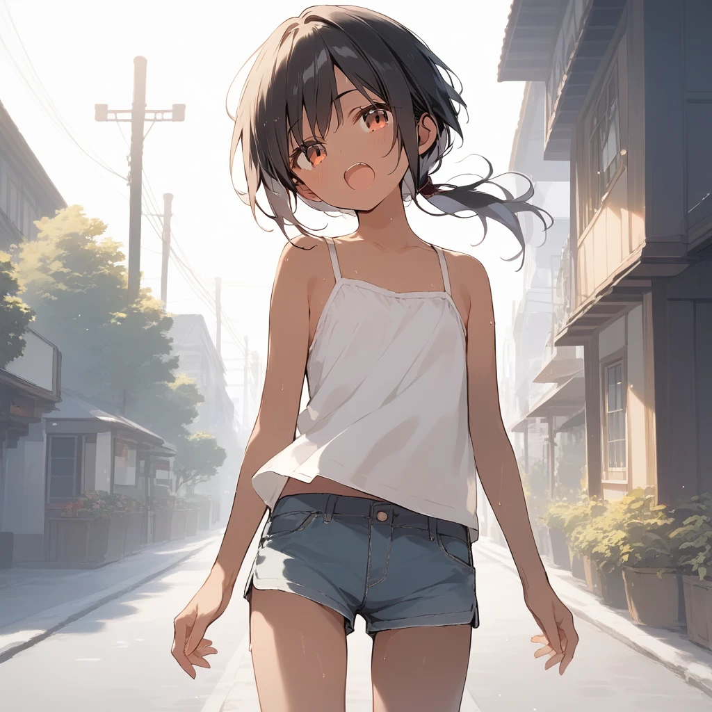 score_9, score_8_up, score_7_up, source_anime, best quality, masterpiece, official art, absurdres, highres, ultra-detailed,waifu2x,Collection: Slice of Life,break,1girl, tomboy, dark-skinned female, short hair, low ponytail, flat chest, beautiful detailed eyes, short shorts, sweat, open mouth, (yawn:0.3), sleepily, outdoors, wind, break,(clear line illustration:1.2),very high resolution, very aesthetic, super detailed skin, Best sexual lighting powered by famous artist, 8k,cute picture,beauty illustration,photoshop_(medium),,(Detailed Lighting),best anime 8k konachan wallpaper, pixiv contest winner, 