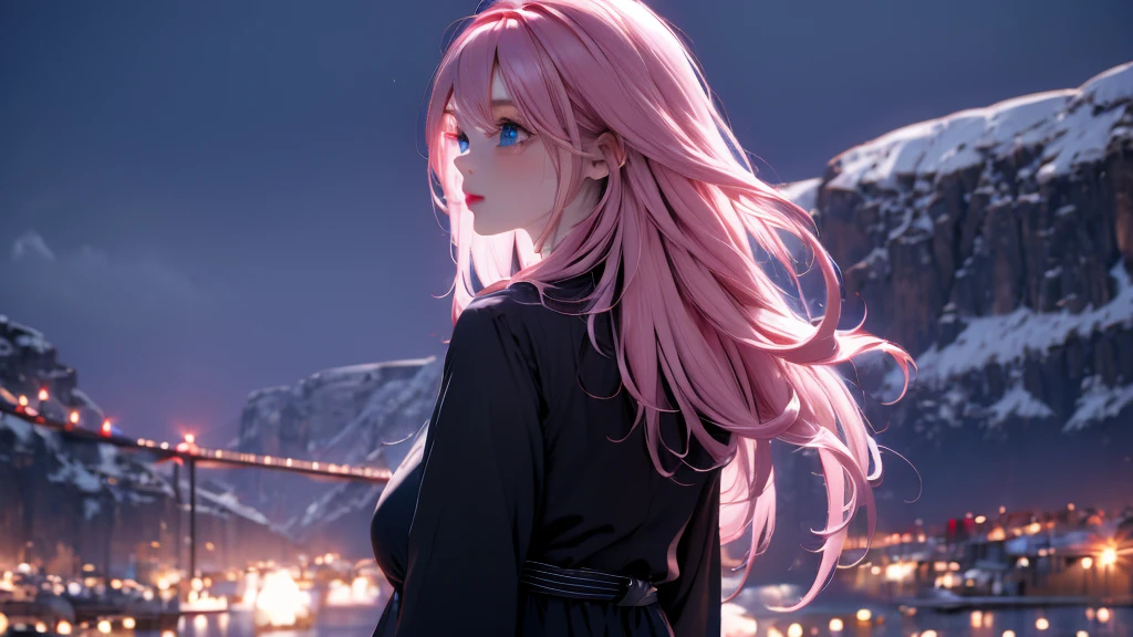 1 girl, medium light pink hair, light blue eyes, wearing Black suit, night city, absurdres, high res, ultrasharp, 8K, masterpiece, looking from behind 18+