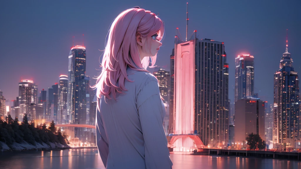 1 girl, medium light pink hair, light blue eyes, wearing Black suit, night city, absurdres, high res, ultrasharp, 8K, masterpiece, looking from behind 18+