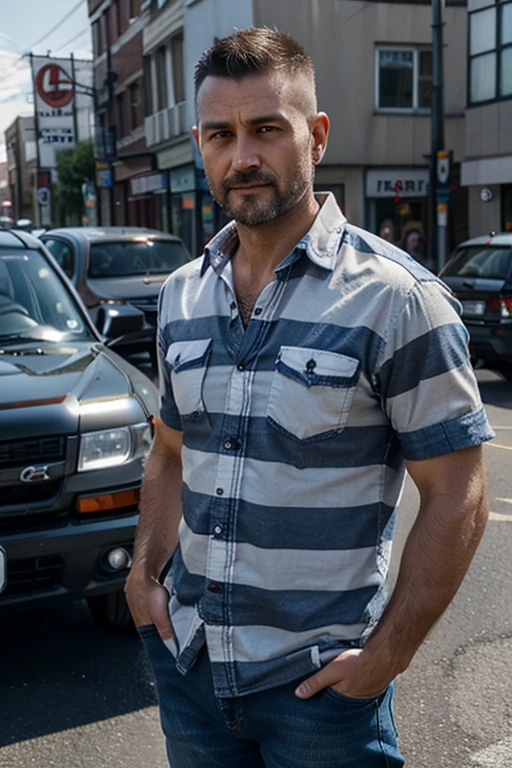Tired Man 40 years old, In a checkered shirt and jeans, against the background of the car, A busy street, Off-road vehicle, short hair, short haircut, Not shaved, Shchitina, Clear Gaze, slight smile,, super realistic, accuracy of parts
