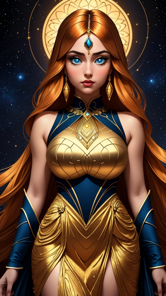 Masterpiece, age girl, light orange long hair, gorgeous face, azure eyes, highly detailed eyes, emphasizing the face, beautiful and gorgeous golden gown, bizarre, awe-inspiring, detailed geometric patterns. Intricate details, looking at the viewer, many complex bright and dark cosmic backgrounds, details in the fifth dimension. Perfect proportions, 30k, exquisite clothing details, high detail, perfect lighting, cinematic lighting, sharp focus.