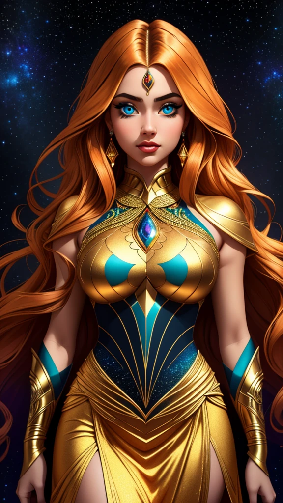 Masterpiece, teenage girl, light orange long hair, gorgeous face, azure eyes, highly detailed eyes, emphasizing the face, beautiful and gorgeous golden gown, bizarre, awe-inspiring, detailed geometric patterns. Intricate details, looking at the viewer, many complex bright and dark cosmic backgrounds, details in the fifth dimension. Perfect proportions, 30k, exquisite clothing details, high detail, perfect lighting, cinematic lighting, sharp focus.