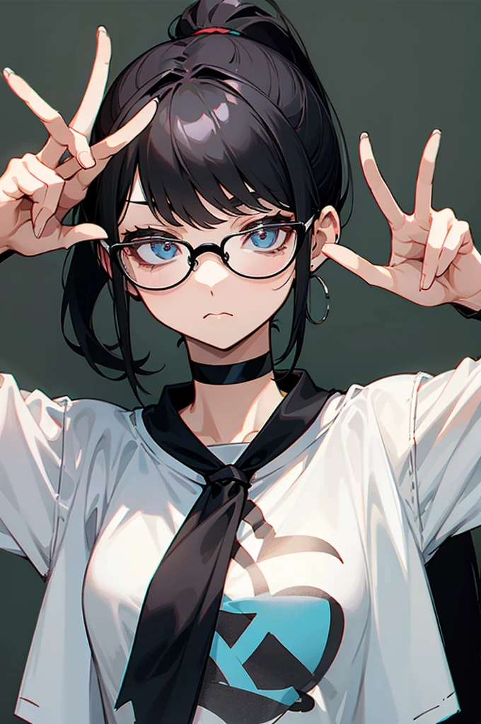 woman、Black-haired、ponytail、A calm face、Wear glasses、Dissatisfied peace sign、Black T-shirt、Black choker around the neck