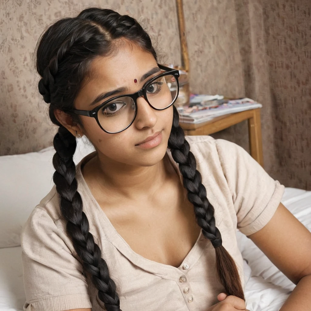 Double Braided hair nude weak Indian glasses nerd girl sitting on bed 