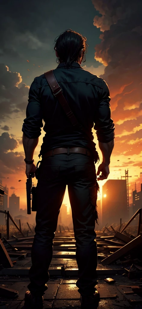 A back view of a man facing a devastated zombie world