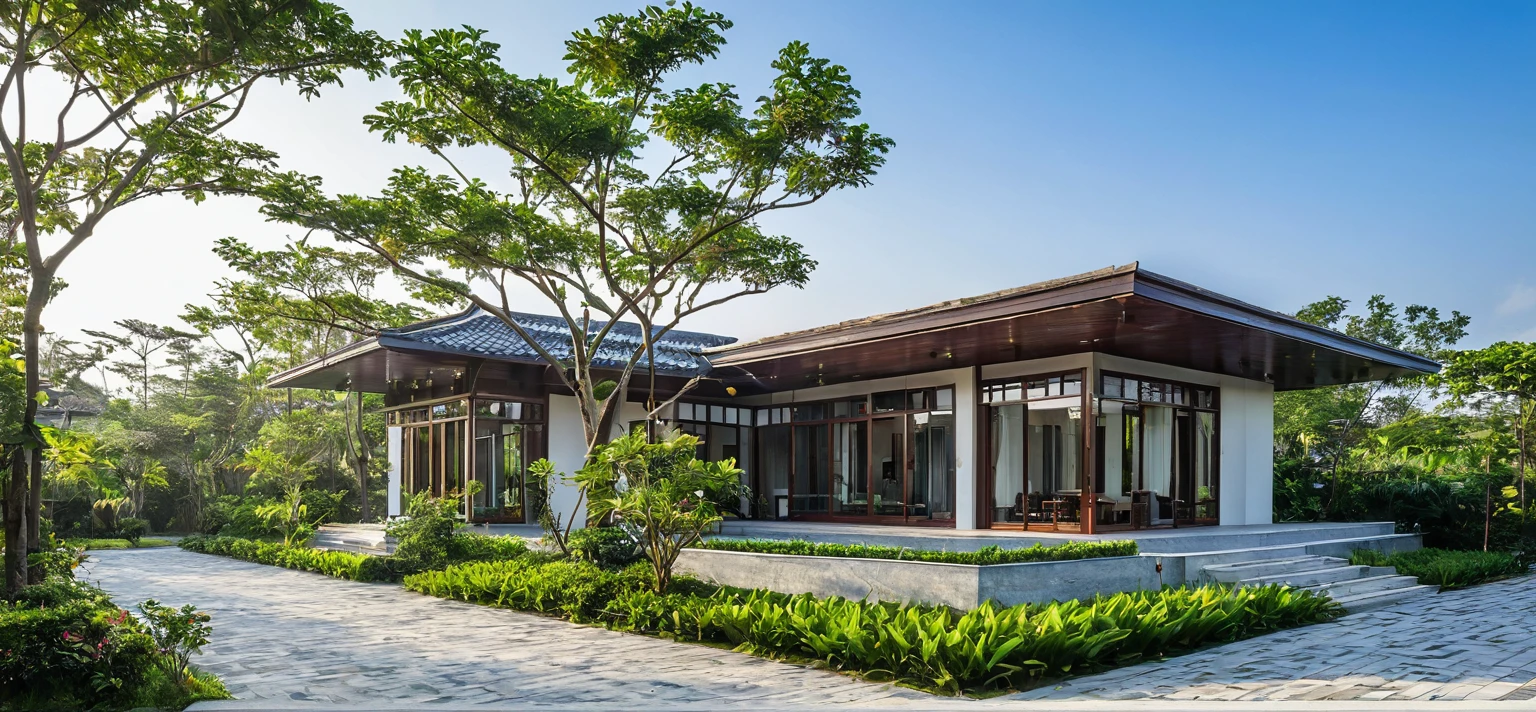 qlcd,tingyuan, photo of tropical style villa, grassland, garden, shrubs and trees, rock decoration, clear sky, sun light, realistic photo