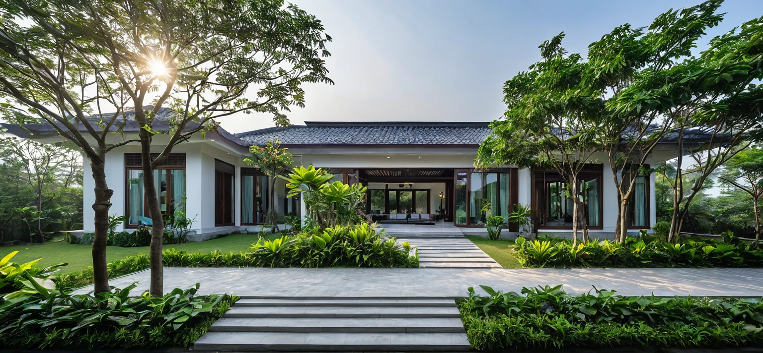 qlcd,tingyuan, photo of tropical style villa, grassland, garden, shrubs and trees, rock decoration, clear sky, sun light, realistic photo