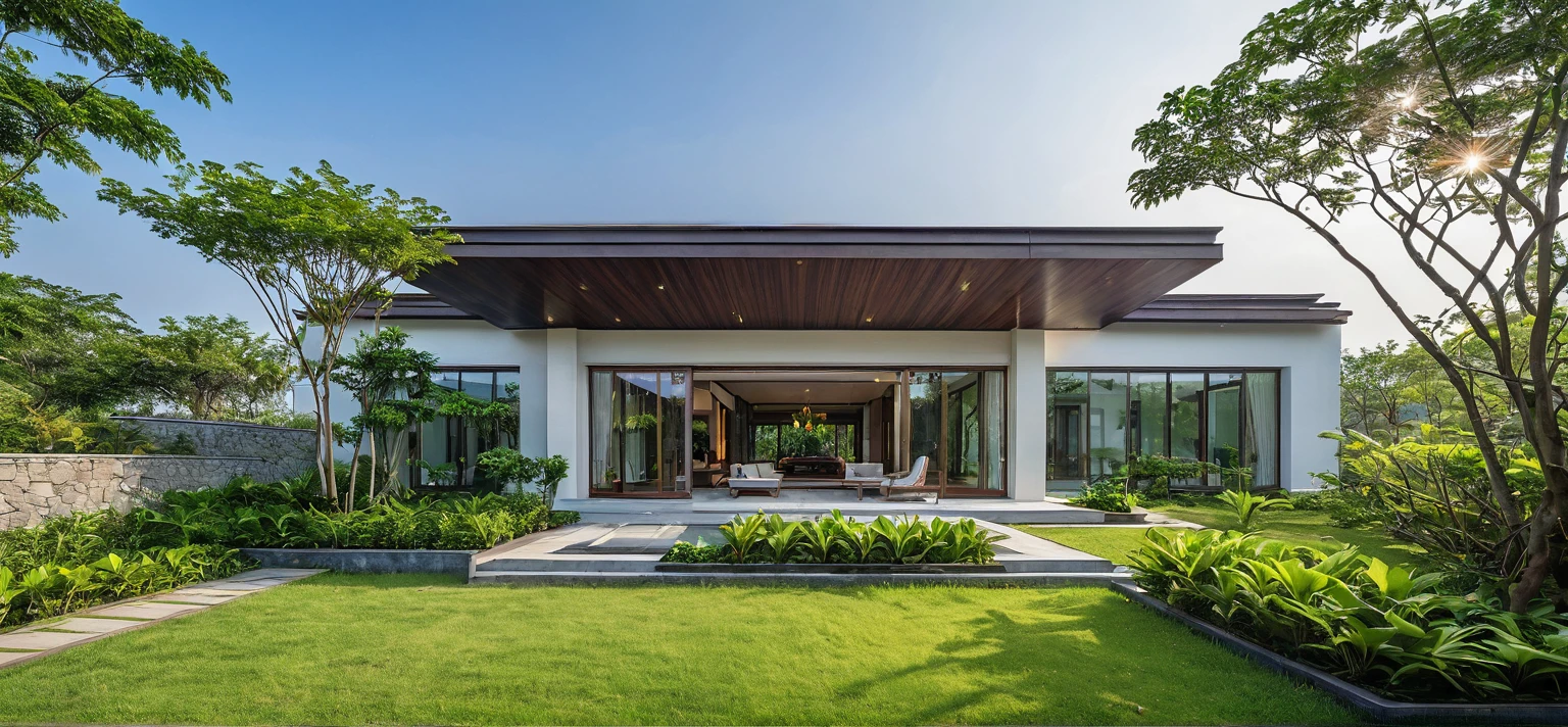 qlcd,tingyuan, photo of tropical style villa, grassland, garden, shrubs and trees, rock decoration, clear sky, sun light, realistic photo