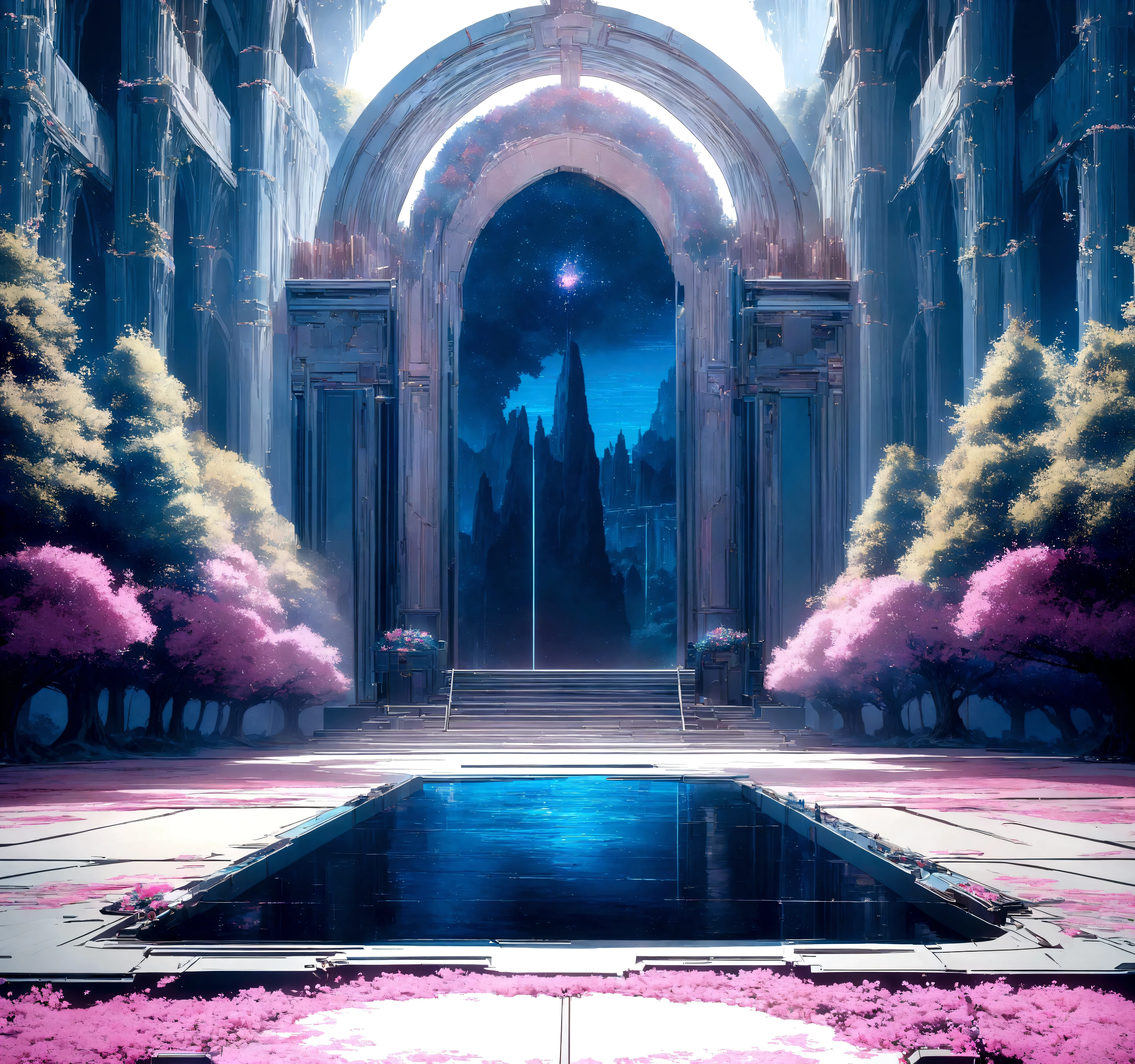 masterpiece, best quality, movie still, background scene, a huge thronehall, digitalized, electronics, flowers, trees, pink and blue, no road, no humans, digital salvage lying around, glitch art