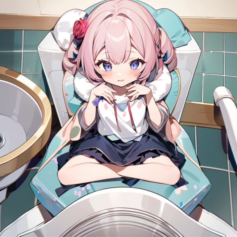 anime girl aux cheveux roses assise sur des toilettes avec ses mains en l&#39;air, les mieux notés sur pixiv, (SFW) sécuritaire pour le travail, sur le point de te consumer, fille anime séduisante, la fille animée est accroupie, | Anime détaillé, art d&#39;anime détaillé et propre, belle fille anime accroupie, Pixiv 3DCG, un hyperréaliste 