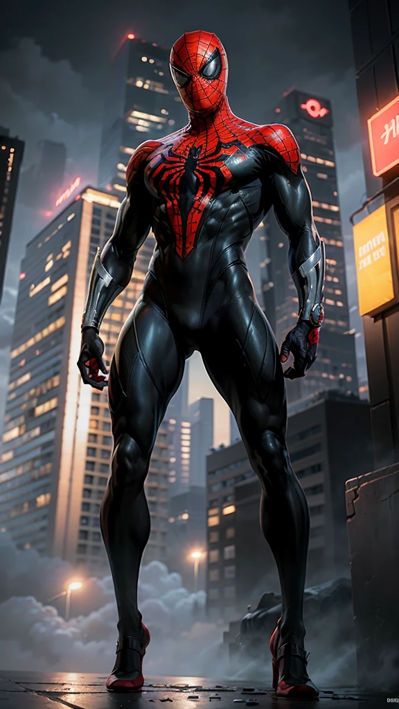 Spiderman, full face covered, symbiote, scared, black slime, octane render, bioluminescent,8K resolution concept art, realism,by Mappa studios,masterpiece,best quality,official art,illustration,ligne claire,(cool_color),perfect composition,absurdres, tall body, super hero landing pose, (cyberpunk city background), spider man symbiote suit,close shot, spider man focus, full body,neon light