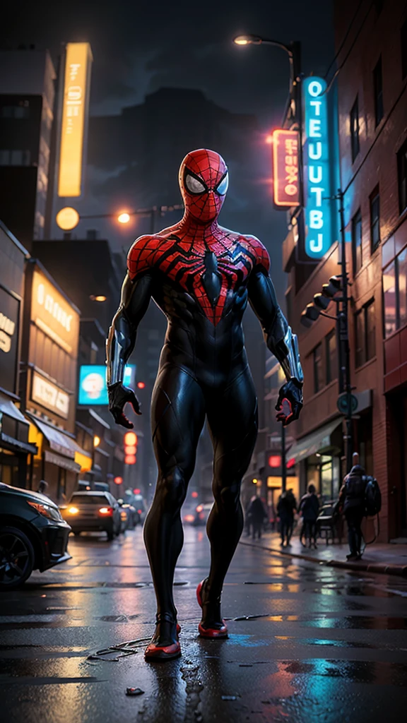 Spiderman, full face covered, symbiote, scared, black slime, octane render, bioluminescent,8K resolution concept art, realism,by Mappa studios,masterpiece,best quality,official art,illustration,ligne claire,(cool_color),perfect composition,absurdres, tall body, super hero landing pose, (cyberpunk city background), spider man symbiote suit,close shot, spider man focus, full body,neon light