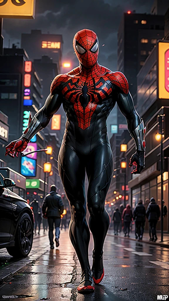 Spiderman, full face covered, symbiote, scared, black slime, octane render, bioluminescent,8K resolution concept art, realism,by Mappa studios,masterpiece,best quality,official art,illustration,ligne claire,(cool_color),perfect composition,absurdres, tall body, super hero landing pose, (cyberpunk city background), spider man symbiote suit,close shot, spider man focus, full body,neon light