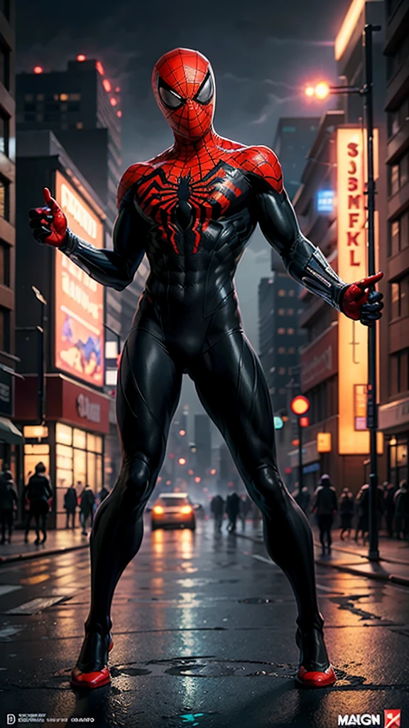 Spiderman, full face covered, symbiote, scared, black slime, octane render, bioluminescent,8K resolution concept art, realism,by Mappa studios,masterpiece,best quality,official art,illustration,ligne claire,(cool_color),perfect composition,absurdres, tall body, super hero landing pose, (cyberpunk city background), spider man symbiote suit,close shot, spider man focus, full body,neon light