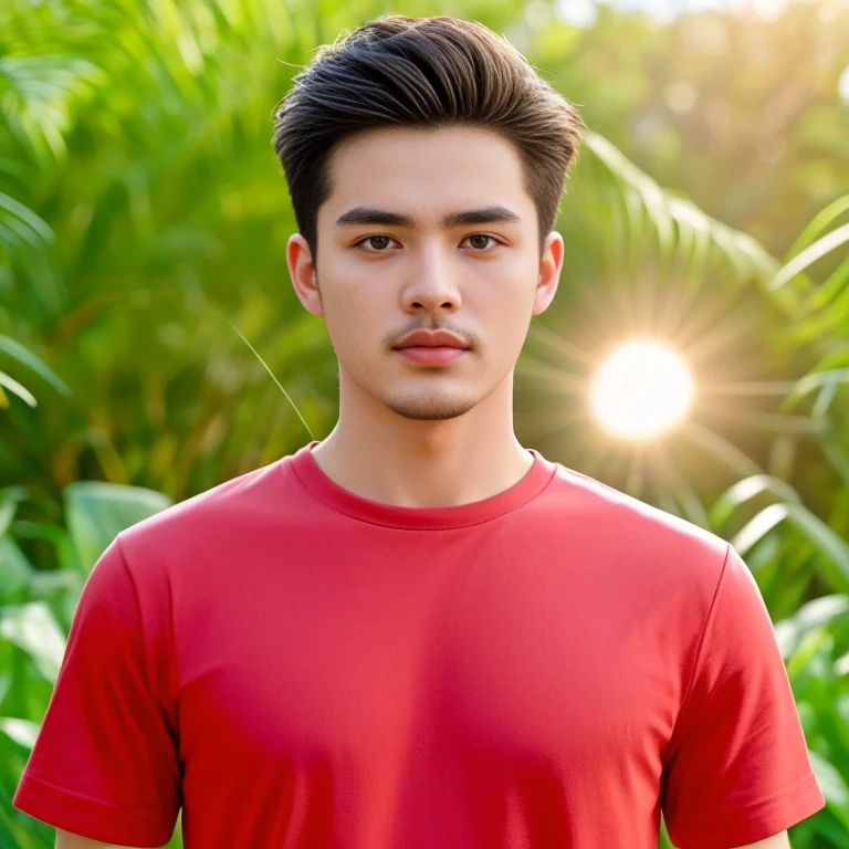An Araf man stands on the beach with the sunset in the background., portait photo Profile pictureture, Profile picture, Wide facial cleanser,  cute young man, headshot Profile pictureture, handsome man, Handsome and charming, Very charming and beautiful, Close-up of a Southeast Asian man with a round face., black eyes, staring at the viewer, morning sun, ((face details)), Double eyelids, realistic, Masterpiece, Highest quality, lens flare, shade, [[Chromatic aberration, digital painting, 8K, 45,000,000,000 pixels,, t-shirt, short hair, black eyes,abdominal muscles, The body is beautiful and strong., Curvy chest, (digital painting, HDR, high contrast