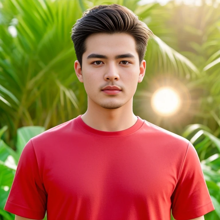 An Araf man stands on the beach with the sunset in the background., portait photo Profile pictureture, Profile picture, Wide facial cleanser,  cute young man, headshot Profile pictureture, handsome man, Handsome and charming, Very charming and beautiful, Close-up of a Southeast Asian man with a round face., black eyes, staring at the viewer, morning sun, ((face details)), Double eyelids, realistic, Masterpiece, Highest quality, lens flare, shade, [[Chromatic aberration, digital painting, 8K, 45,000,000,000 pixels,, t-shirt, short hair, black eyes,abdominal muscles, The body is beautiful and strong., Curvy chest, (digital painting, HDR, high contrast
