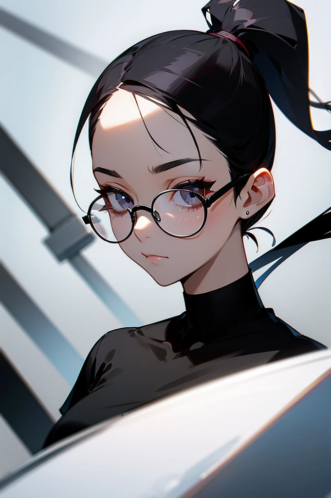 woman、Black-haired、ponytail、A calm face、Wear glasses、Black T-shirt、Black choker around the neck