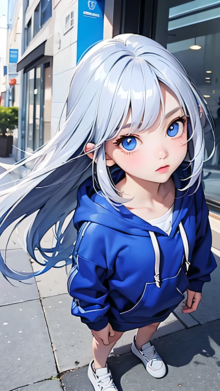 Highest quality、Realistic、girl、zoom、look up、cute、Cobalt blue eyes、Silver Hair、Straight hair、Long Hair、Please comb your hair、Light Blue Hoodie、thin、Full Body