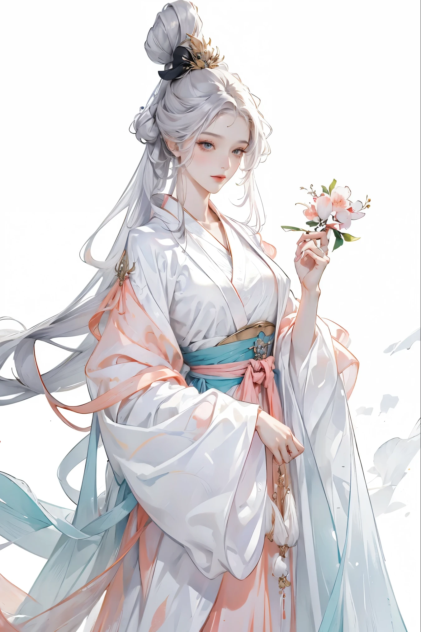 tmasterpiece, Best quality, 8K, Movie Lighting, Ultra-high resolution, Chinese art, chinese paintings, 1 girl, (((8K, RAW photogr, Best quality at best, tmasterpiece: 1.4))), (cabelos preto e longos), (ancient Chinese costume，pleated long skirt，Gold chain，red color Hanfu，Gold rim embroidery), game fairy, peach blossom decoration, Hanfu, yarn, flowing gauze, jewely, (focal), (((Colorful))),(sketching:0.8) , tmasterpiece, Best quality, beautiful painted, meticulous,(Denoising:0.6), The  very detailed, (tmasterpiece, Best quality） CG unified 8K wallpaper，tmasterpiece，Best quality at best，ultra - detailed）, ultra HD picture quality，Clear face, hair between eye, (((White clean background)))