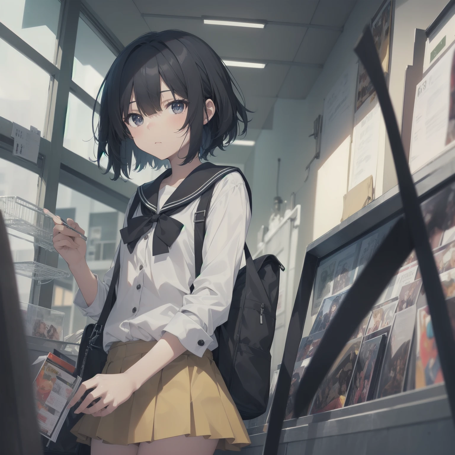 ultra-absurdres-Top quality by artist God, ultra-detailed, high resolution, anime moe artstyle, best anime 8k konachan wallpaper, pixiv contest winner, pool:2810, perfect anatomy,break, 1girl, (Please draw a girl walking sleepily to school alone. )break,(Solo,little female, 13-year-old:1.3),Full limbs, complete fingers,a junior high school student, (very short hair), short cut, flat chest, , small butt, small black eyes, beautiful detailed eyes, well-proportioned iris and pupils, expressive eyes, highres detailed hair, soft expression, salor school_uniform, sailor collar, serahuku, bow, pleated skirt,(Detailed Lighting), (Detailed background), in the School commute route. break,super detailed skin, Best cinematic lighting powered by famous artist, 8k,beauty illustration,photoshop_(medium),very aesthetic,break,((artist:toosaka_asagi )), artist:clamp ,artist:carnelian ,artist:kantoku ,