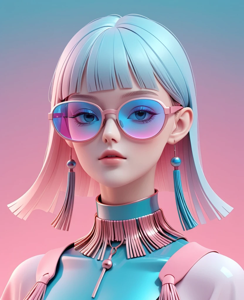3D illustration of upper body and face of artificial intelligence model wearing futuristic glasses, Stylish glasses with tassels,Gradient background, Pastel color palette, pink blue, Simplicity, cold metallic textures, Surrealism,
