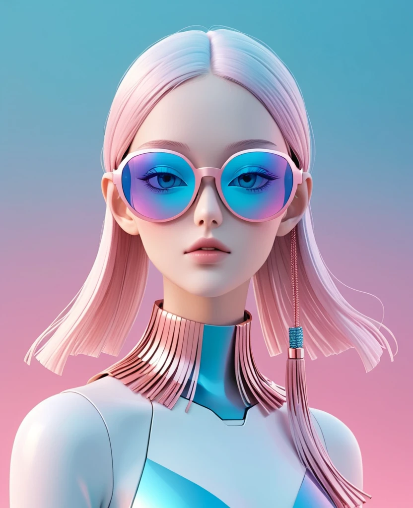 3D illustration of upper body and face of artificial intelligence model wearing futuristic glasses, Stylish glasses with tassels，Gradient background, Pastel color palette, pink blue, Simplicity, cold metallic textures, Surrealism,