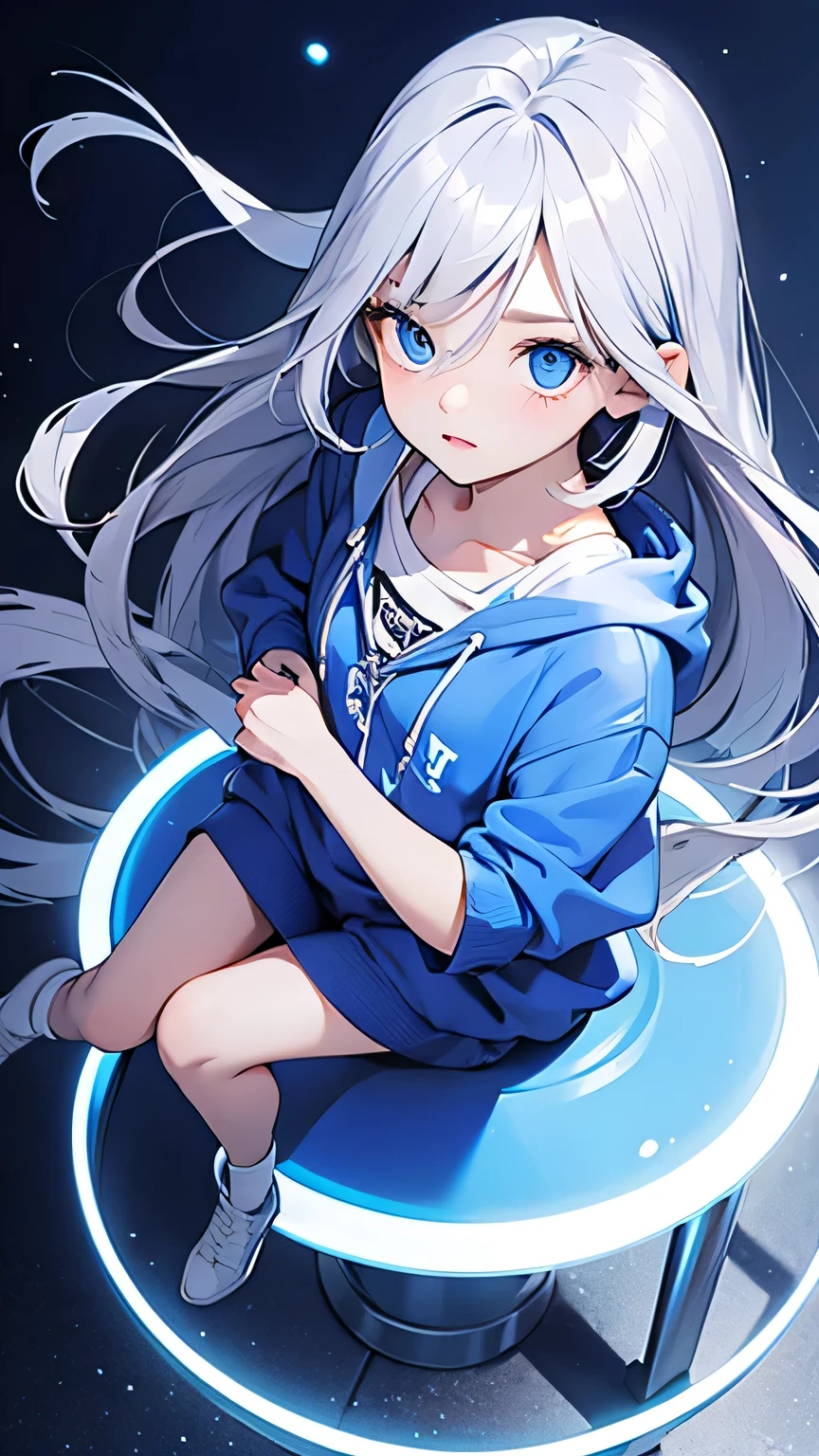 Highest quality、Realistic、girl、zoom、look up、cute、Cobalt blue eyes、Silver Hair、Straight hair、Long Hair、Please comb your hair、Light Blue Hoodie、thin、Full Body