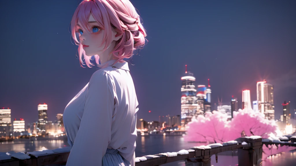 1 girl, medium light pink hair, light blue eyes, wearing Black suit, night city 4D, absurdres, high res, ultrasharp, 8K, masterpiece, looking from behind 18+
