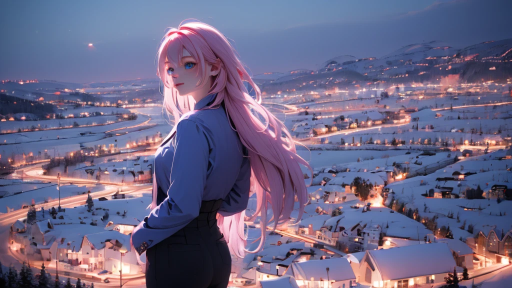 1 girl, medium light pink hair, light blue eyes, wearing Black suit, night city 4D, absurdres, high res, ultrasharp, 8K, masterpiece, looking from behind 18+