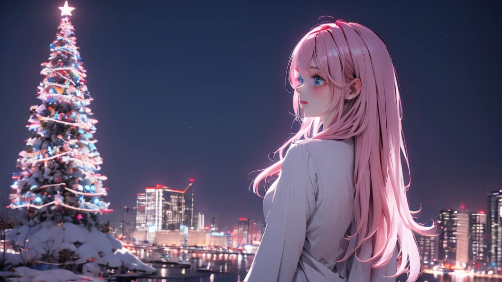 1 girl, medium light pink hair, light blue eyes, wearing Black suit, night city 4D, absurdres, high res, ultrasharp, 8K, masterpiece, looking from behind 18+