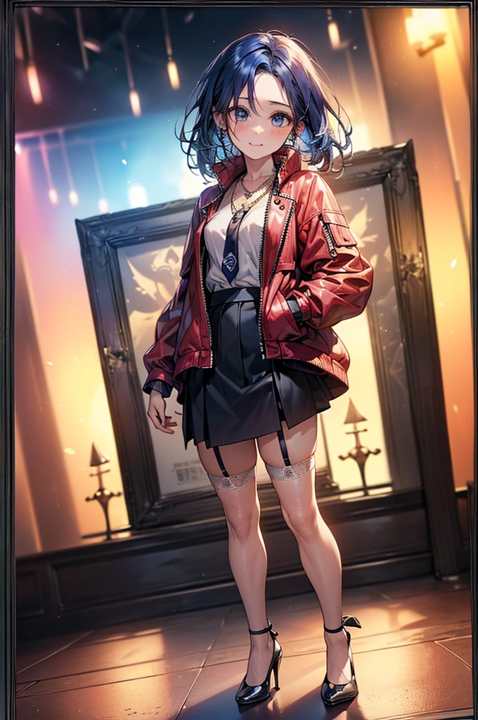 ((Biologically correct limb count))、(( Full-body photo including face))、4K、((Standing position))、masterpiece、((Focus on the face))、((Symmetrical facial features))、Eye for detailed depiction、Beautiful blue-haired woman、Excellent style、Beautiful feet、Beautiful fingertips、Slender body、(stockings、garter belt、High heels)、Facial detailing、Small earrings、necklace、(rubber jacket、Rubber Skirt)、High heelsに照明を当てる、tie、sunny、(((White framed photo)))、Fascinating、Night street、(Low - Angle、A camera angle that captures the inside of a skirt from below)、gloves、((Blue hair with pink mesh))