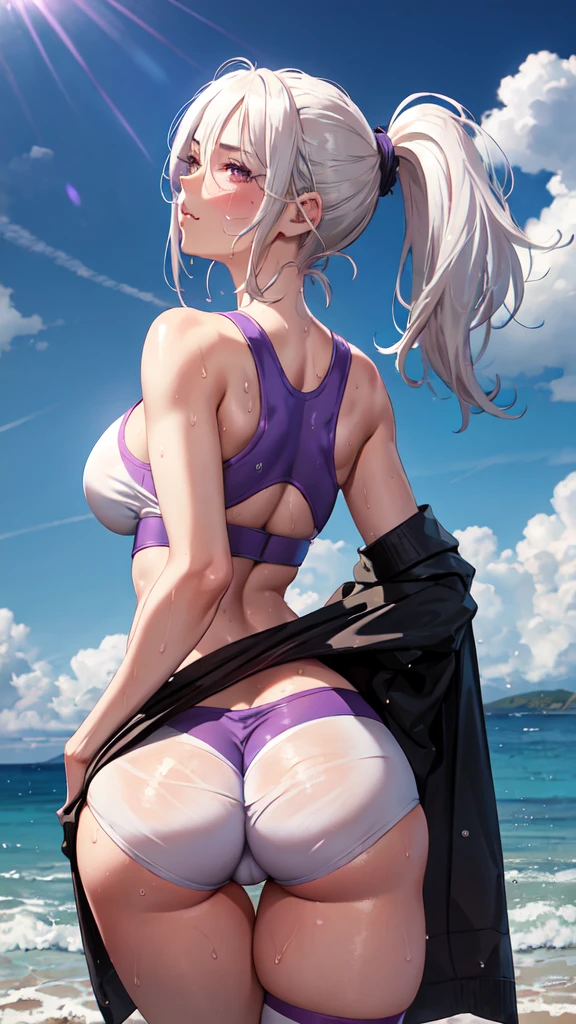 realistic, 1girl, ponytail, parted lips, blush, makeup, light smile, white hair, sportswear, hot pants, wet clothes, glow, thighs, purple eye, bare shoulders, collarbone, narrow waist, sunbeam, sunlight, rose, wind, cleavage, (masterpiece), sweat, look at the camera, ((back)), ((ass)), ((low angle))