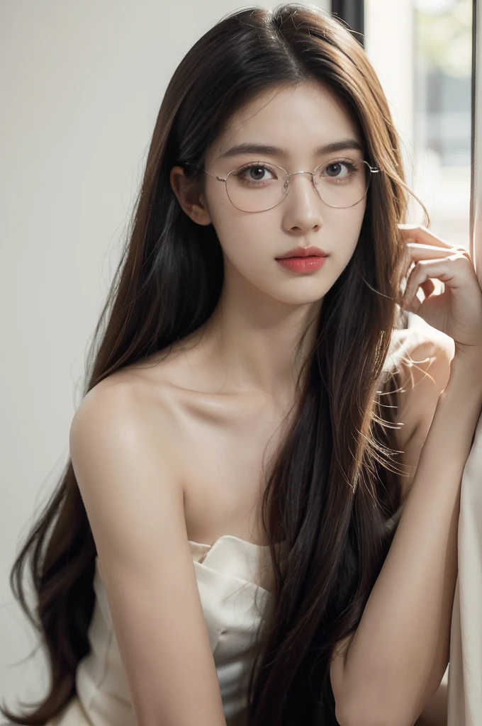 (((best quality))),(((ultra detailed))),(((masterpiece))),illustration,(close-up of face:1.3),((1 beautiful girl,solo)),(shoulder-length straight hair:1.2),(confused eyes:1.3),((slim,thin,small breasts,flat chest)),severe myopia,(glasses:1.3),strapless bra,white wall,dim lighting,gaze,delicate collarbone,smooth skin,intellectual air,vision impairment,contrast,hauntingly beautiful,testament to resilience,(darkness:1.3)