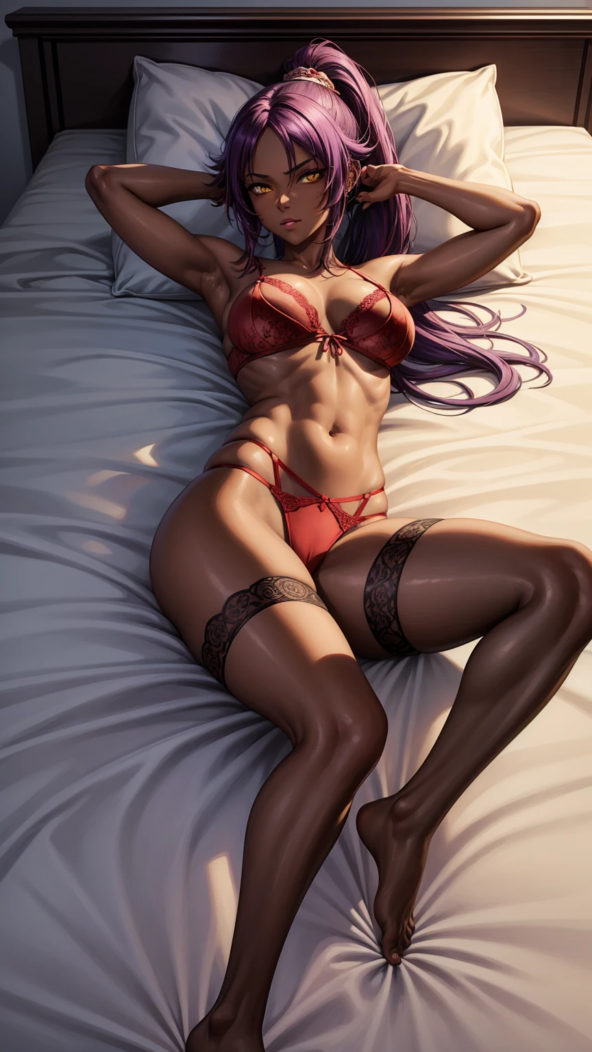 (masterpiece), ,best quality, expressive eyes, perfect face, looking at viewer, 1girl, solo, yoruichi shihouin, ((dark skin)), ((dark-skinned female)), ((red lacy lingerie)), yellow eyes, purple hair, long hair, ponytail, lying on the bed, white bed, midriff, navel, lying, legs spread