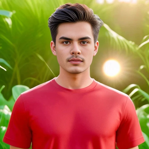 An Araf man stands on the beach with the sunset in the background., portait photo Profile pictureture, Profile picture, Wide facial cleanser,  cute young man, headshot Profile pictureture, handsome man, Handsome and charming, Very charming and beautiful, Close-up of a Southeast Asian man with a round face., black eyes, staring at the viewer, morning sun, ((face details)), Double eyelids, realistic, Masterpiece, Highest quality, lens flare, shade, [[Chromatic aberration, digital painting, 8K, 45,000,000,000 pixels,, t-shirt, short hair, black eyes,abdominal muscles, The body is beautiful and strong., Curvy chest, (digital painting, HDR, high contrast