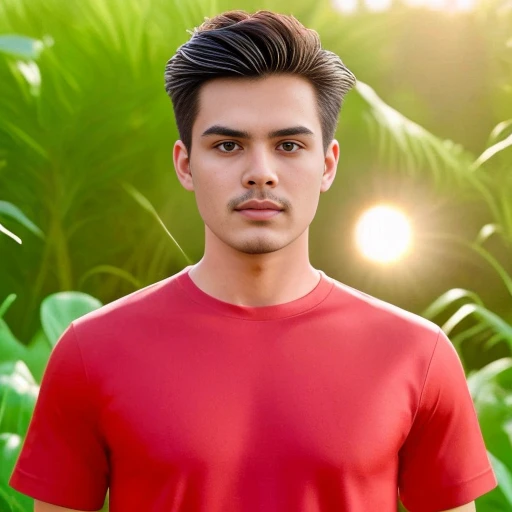 An Araf man stands on the beach with the sunset in the background., portait photo Profile pictureture, Profile picture, Wide facial cleanser,  cute young man, headshot Profile pictureture, handsome man, Handsome and charming, Very charming and beautiful, Close-up of a Southeast Asian man with a round face., black eyes, staring at the viewer, morning sun, ((face details)), Double eyelids, realistic, Masterpiece, Highest quality, lens flare, shade, [[Chromatic aberration, digital painting, 8K, 45,000,000,000 pixels,, t-shirt, short hair, black eyes,abdominal muscles, The body is beautiful and strong., Curvy chest, (digital painting, HDR, high contrast