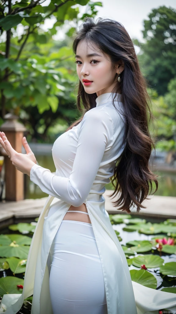 detailed body, attractive body, perfect human body, realistic face,
(ultimate quality, masterpiece, highres:1.0), realistic:1.6, photorealistic,
[8k UHD photos, UHD high quality photos, Super detailed and super clear images],
Close-up of 2 Vietnamese girl with a beautiful face and balanced body, leggy, round face, big round eyes, Charming smile, Red lips, long curly eyelashes, big dimples, pointed chin, plump face, Her face resembles Tuyet Linh, Tall and plump figure, wear panty inside, wear necklaces and earrings,
wearing a bright and white shiny satin silk ao dai, Two girls walking beside lotus pond, pose sexy,
Satin silk ao dai,view from side,