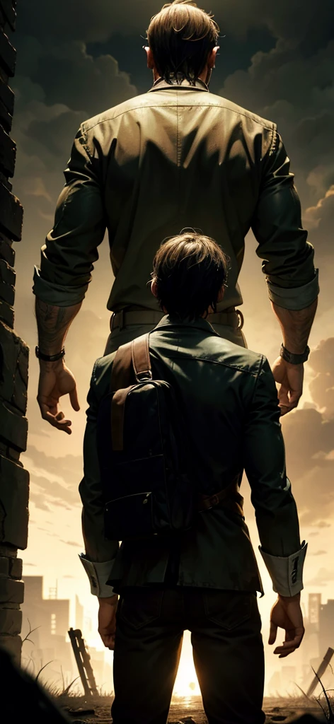 A back view of a man facing a devastated zombie world