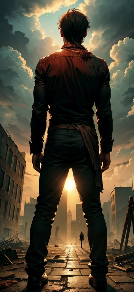 A back view of a man facing a devastated zombie world